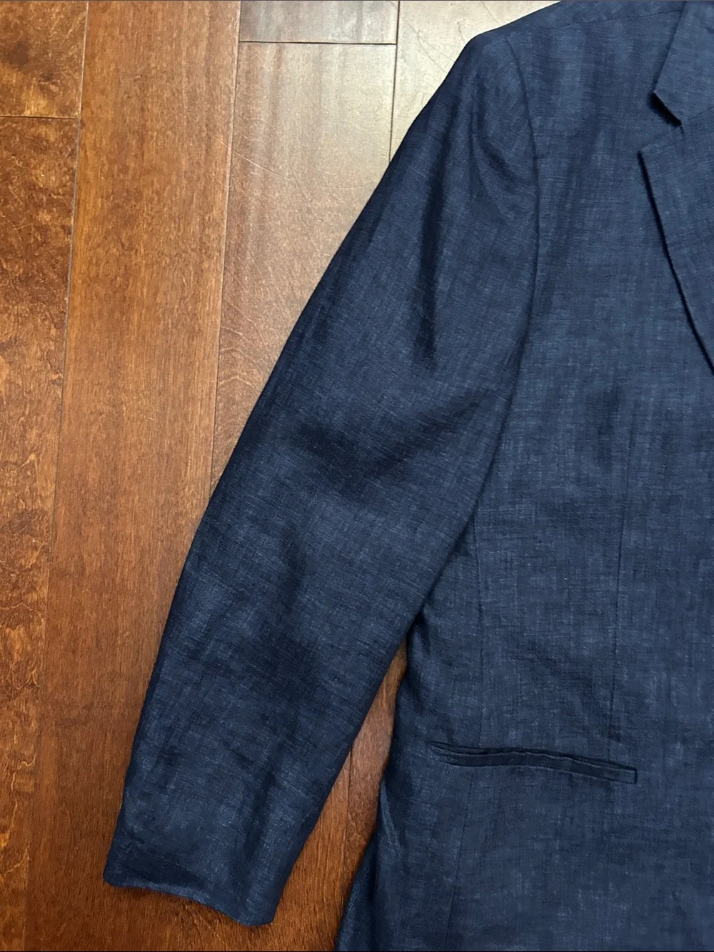 Pronto Uomo Blue Dark Blue 100% Linen Blazer, Two-Button Blazer, Size 42R